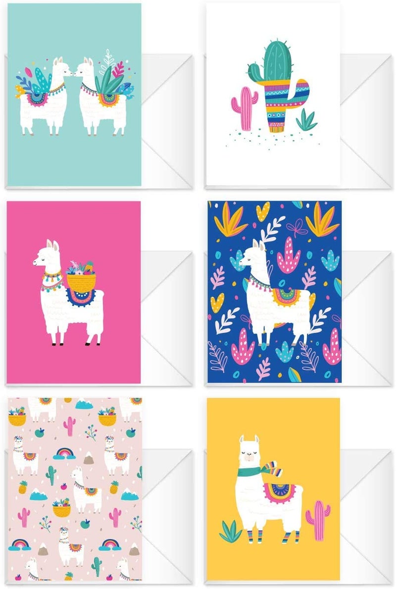 Canopy Street Llama Note Cards / 24 Adorable Animal All Occasion Greeting Cards With White Envelopes / 3 1/2" x 4 7/8" Desert Birthday Party Cards / Alpaca Thank You Note Card Set / 6 Cinco De Mayo Fiesta Designs - Image 1